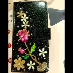 NWT glitter case w beautiful rose for IPhone wallet phone case